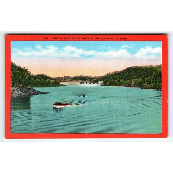 Vintage Linen Postcard Motor Boating Norris Dam Knoxville Tenn - Picture 1 of 2